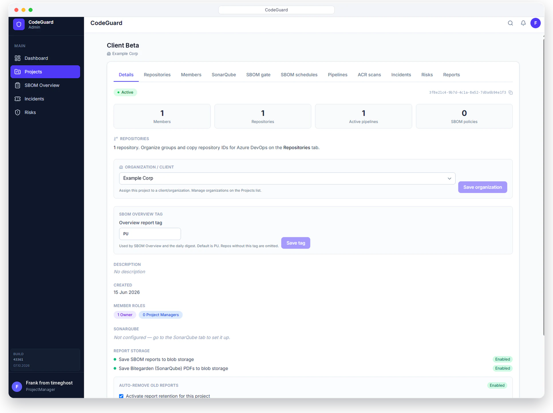 CodeGuard project settings with organization, repositories, pipelines, SBOM tag, report storage and automatic removal of old reports