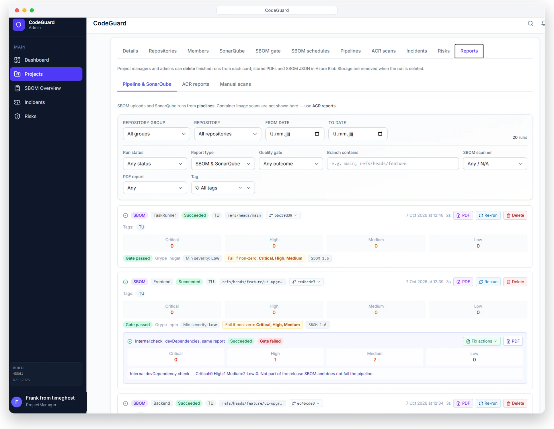 CodeGuard reports: SBOM runs per repository with Critical, High, Medium and Low counts, quality gate result and PDF export