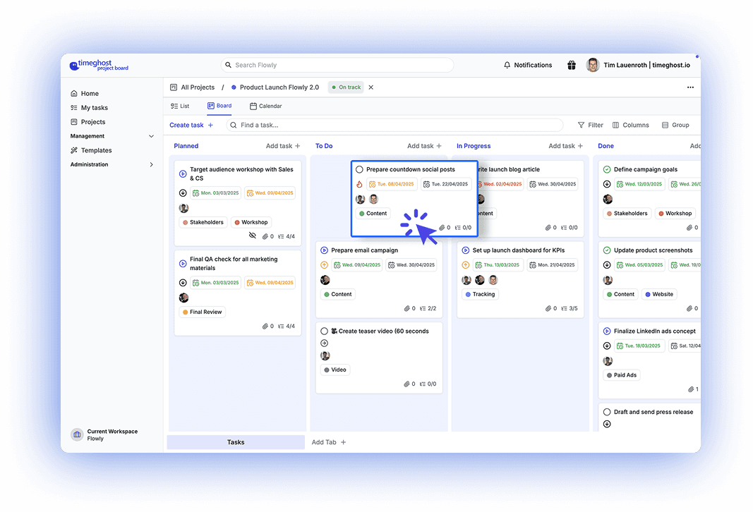 timeghost Project Board — Kanban-Board mit Aufgabenkarten in Spalten